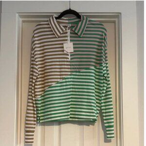 KULE Long Sleeve Patchwork Striped Shirt with Collar and Quarter Zip